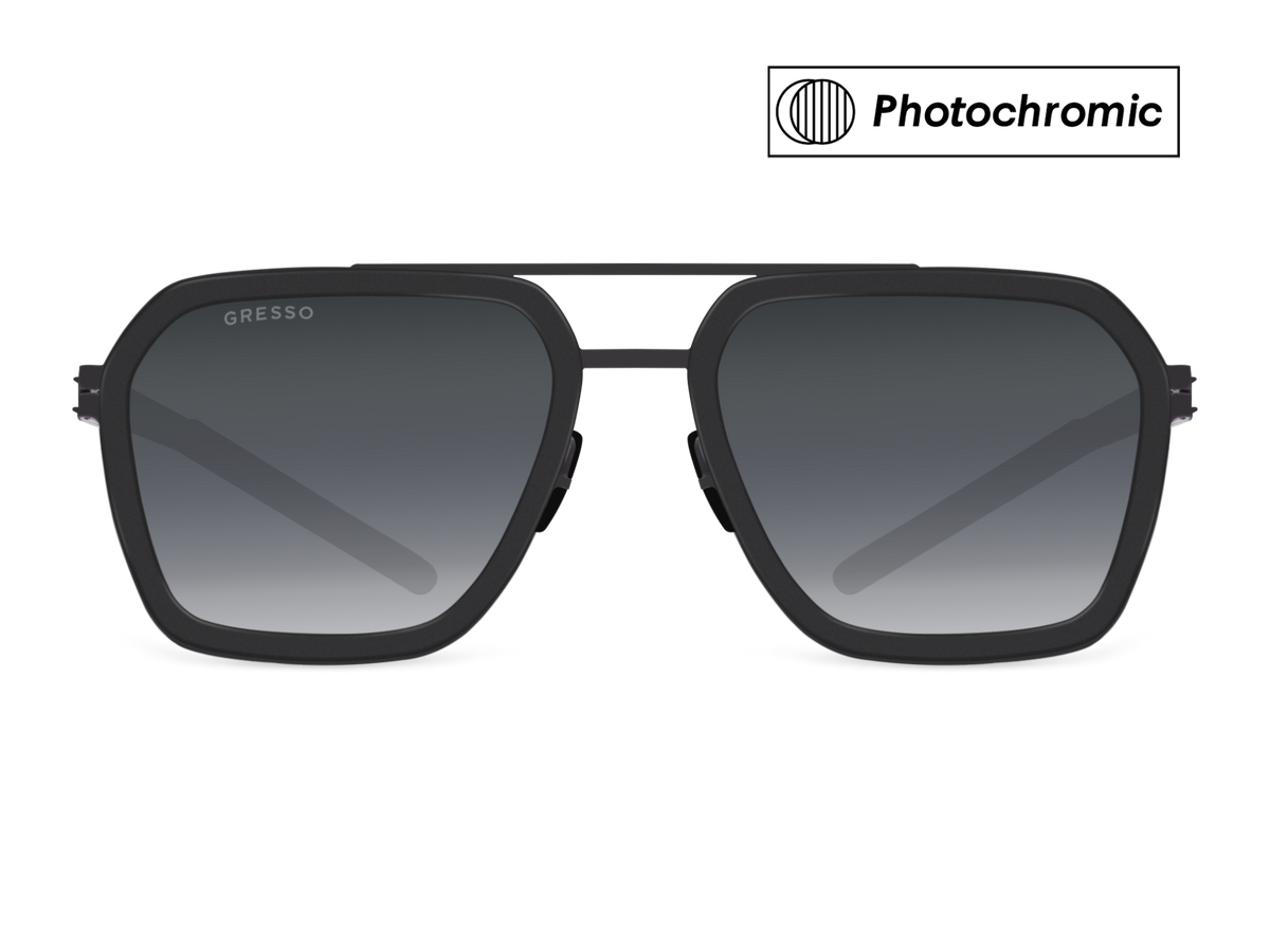 Черные мужские солнцезащитные очки-хамелеоны GRESSO Aragon в стиле авиатор, изготовленные из титана, с фотохромными линзами Zeiss #color_серый монолит / фотохром