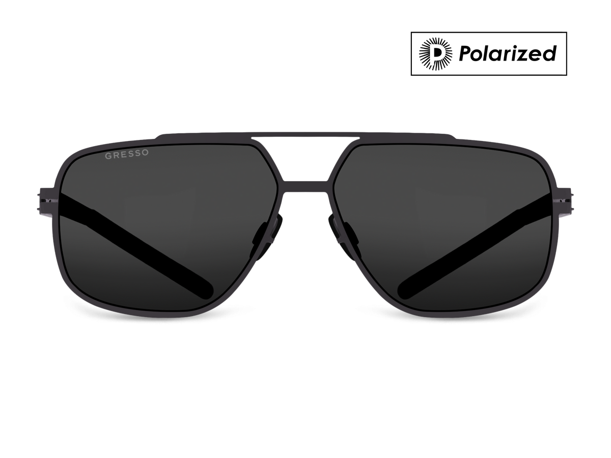 Черные мужские солнцезащитные очки GRESSO Chicago в стиле авиатор, изготовленные из титана, с поляризационными линзами Zeiss #color_серый монолит / поляризация