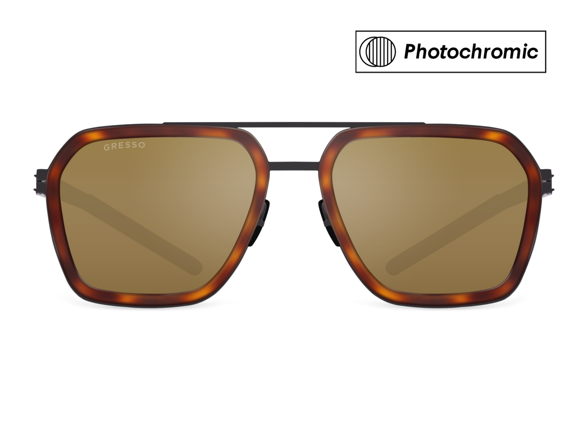 Черные мужские солнцезащитные очки-хамелеоны GRESSO Aragon в стиле авиатор, изготовленные из титана, с фотохромными линзами Zeiss #color_коричневый монолит / фотохром