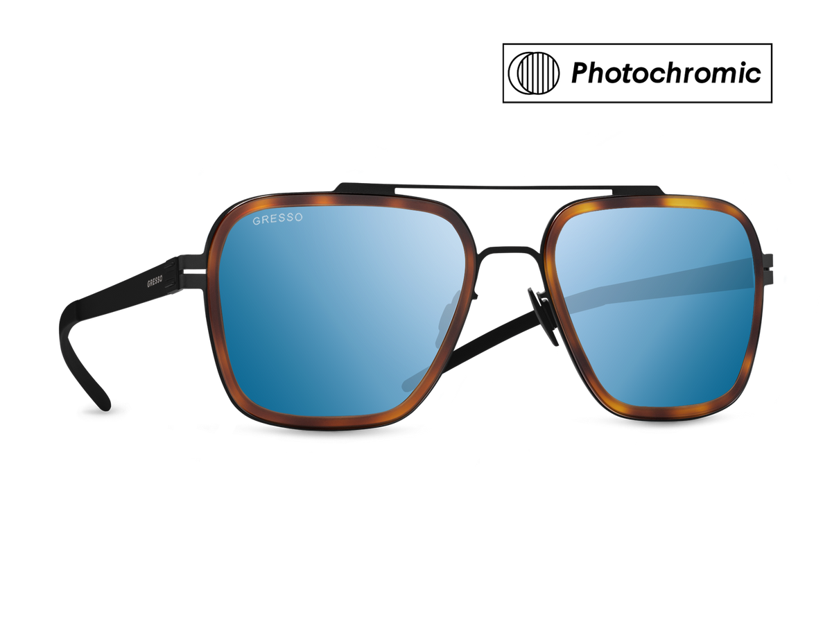 Синие мужские солнцезащитные очки-хамелеоны GRESSO Boston в стиле авиатор, изготовленные из титана, с фотохромными линзами Zeiss #color_синий монолит / фотохром